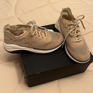 CHANEL Beige and Peach Mesh Lace-Up Sneakers